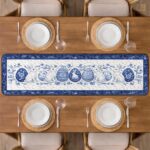 Blue and White Easter Bunny Quilted Table Runner, Porcelain Style Table Decor, Rabbit Floral Patchwork Quilt, Elegant Easter Dining Runner - LC289 - Image 2