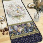 Navy Blue Easter Bunny Quilted Table Runner, White Rabbits and Spring Flowers Table Decor, Dark Floral Patchwork Quilt, Easter Centerpiece - LC219