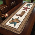 Western Star and Boot Quilted Table Runner, Rustic Cowboy Horse Theme Decor, Brown Leather Style Table Runner, Country Patchwork Quilt Gift - LC051