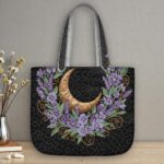 Moon and Lavender Quilted Tote Bag, Purple Floral Celestial Patchwork Quilt Bag, Gold Crescent Moon Handbag, Botanical Garden Gift for Her - LC144 - Image 2