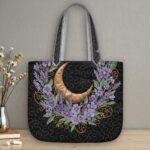 Moon and Lavender Quilted Tote Bag, Purple Floral Celestial Patchwork Quilt Bag, Gold Crescent Moon Handbag, Botanical Garden Gift for Her - LC216 - Image 2