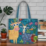 Farm Animals Quilted Tote Bag, Blue Patchwork Quilt Bag with Cow Goat and Duck, Colorful Country Farmhouse Handbag, Whimsical Animal Gift - LC173