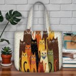 Colorful Cats Quilted Tote Bag, Tall Kitty Patchwork Quilt Bag, Whimsical Feline Handbag for Cat Lovers, Vibrant Animal Print Shoulder Bag - LC066 - Image 2