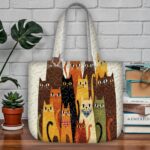 Colorful Cats Quilted Tote Bag, Tall Kitty Patchwork Quilt Bag, Whimsical Feline Handbag for Cat Lovers, Vibrant Animal Print Shoulder Bag - LC101 - Image 2
