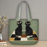 Black Cats Quilted Tote Bag, Green Patchwork Quilt Bag with Two Black Cats on Rug, Lucky Cat Handbag, Minimalist Animal Gift for Her - LC285 - Image 2