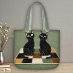 Black Cats Quilted Tote Bag, Green Patchwork Quilt Bag with Two Black Cats on Rug, Lucky Cat Handbag, Minimalist Animal Gift for Her - LC320 - Image 2