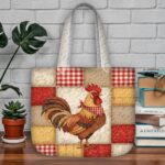 Farm Rooster Quilted Tote Bag, Red and Tan Gingham Patchwork Quilt Bag, Country Farmhouse Rooster Handbag, Rustic Kitchen Inspired Gift - LC063 - Image 2