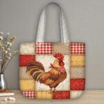 Farm Rooster Quilted Tote Bag, Red and Tan Gingham Patchwork Quilt Bag, Country Farmhouse Rooster Handbag, Rustic Kitchen Inspired Gift - LC063