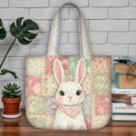 White Bunny Quilted Tote Bag, Pink Floral Patchwork Quilt Purse, Spring Rabbit Handbag, Easter Bunny Gift, Shabby Chic Quilted Shoulder Bag - LC085 - Image 2