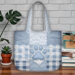 Blue Denim Paw Print Quilted Tote Bag, Gingham Patchwork Quilt Purse, Puppy Dog Handbag, Pet Lover Gift, Light Blue Quilted Shoulder Bag - LC176
