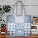 Blue Denim Paw Print Quilted Tote Bag, Gingham Patchwork Quilt Purse, Puppy Dog Handbag, Pet Lover Gift, Light Blue Quilted Shoulder Bag - LC212