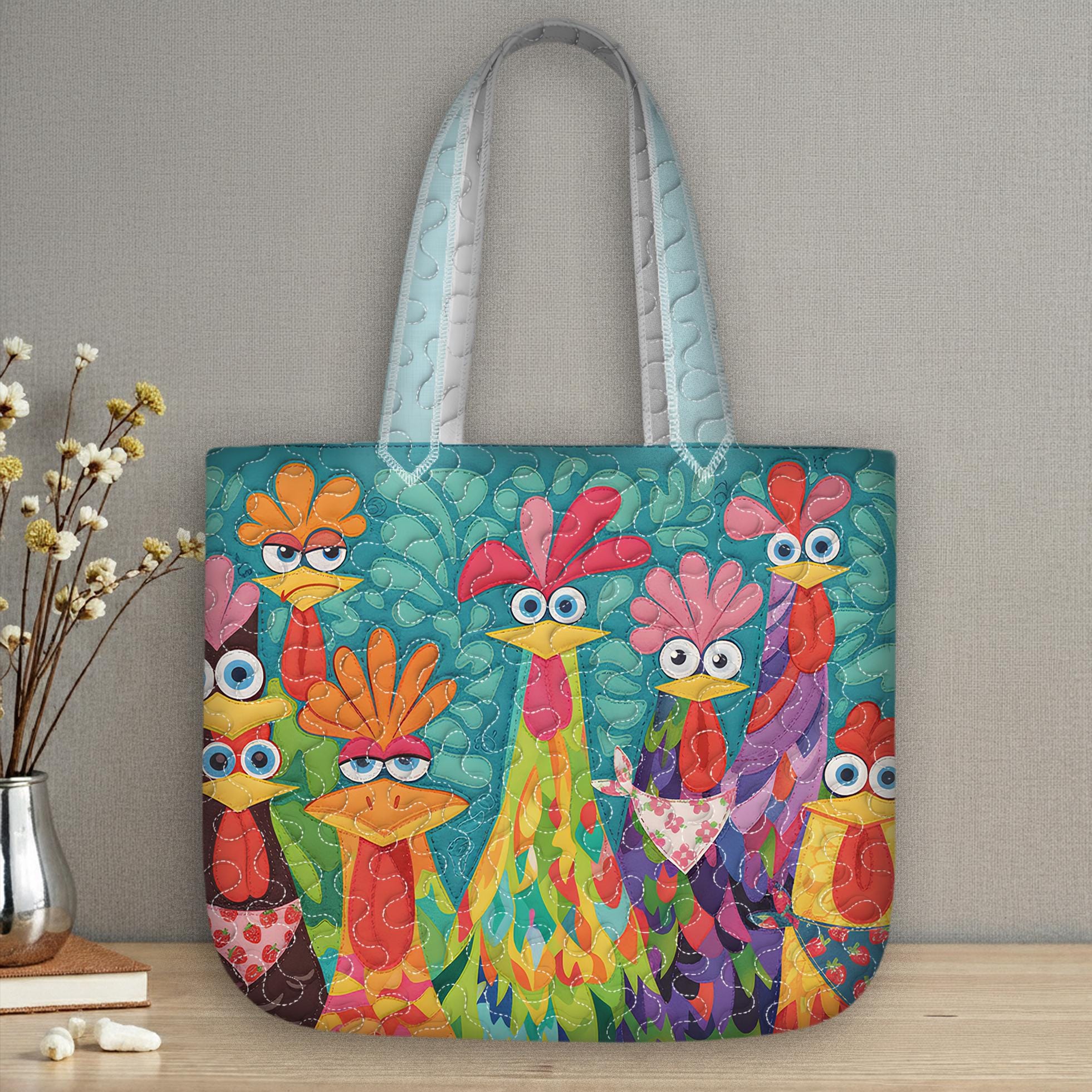 il_fullxfull.7720193307_bt8b-12 Teal Whimsical Chickens Quilted Tote Bag, Colorful Patchwork Quilt Handbag, Funny Bird Shoulder Bag, Modern Farmhouse Gift for Her - LC458 - Image 1