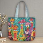 Teal Whimsical Chickens Quilted Tote Bag, Colorful Patchwork Quilt Handbag, Funny Bird Shoulder Bag, Modern Farmhouse Gift for Her - LC277