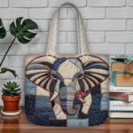 Elephant Patchwork Quilted Tote Bag, Blue and Tan Quilt Art Purse, Bohemian Elephant Handbag, Large Capacity Tote, Unique Gift for Women - LC162