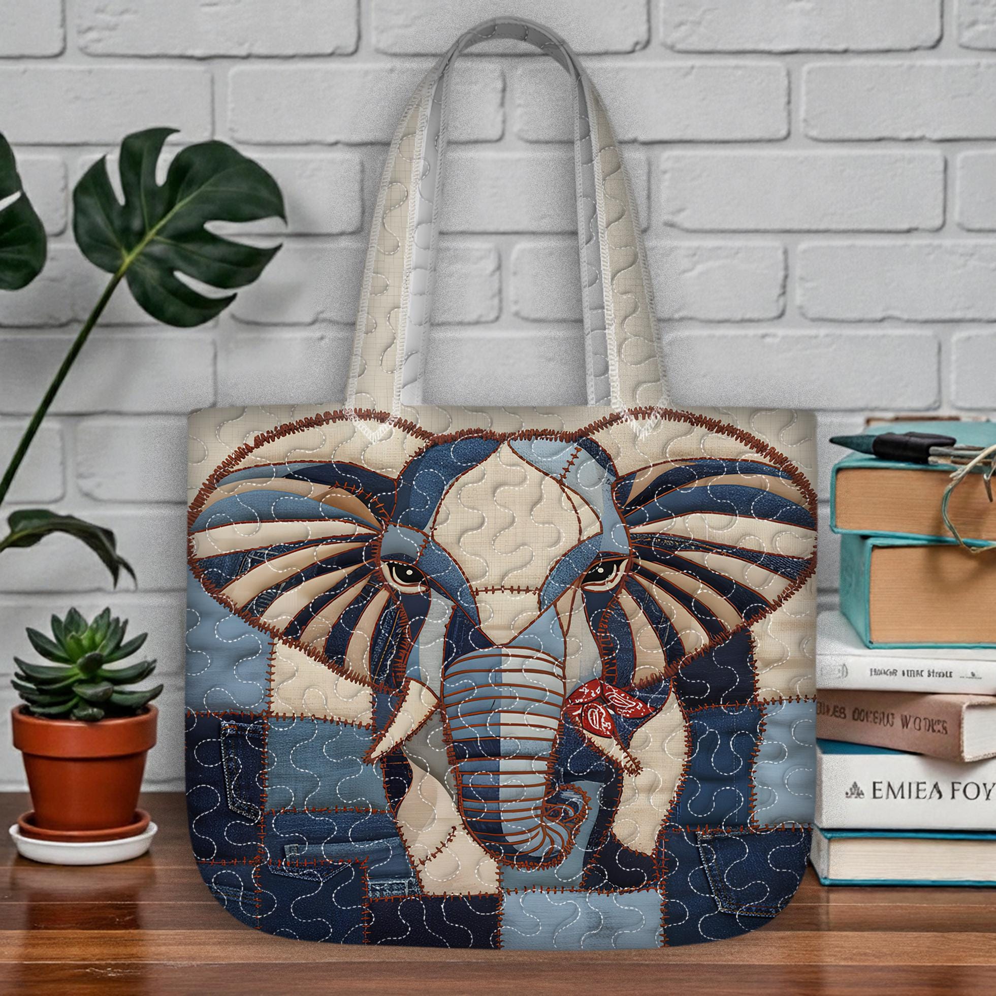 il_fullxfull.7722021805_p71s-5 Elephant Patchwork Quilted Tote Bag, Blue and Tan Quilt Art Purse, Bohemian Elephant Handbag, Large Capacity Tote, Unique Gift for Women - LC198 - Image 1