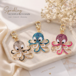 Cute Octopus Rhinestone Keychain, Sparkly Animal Bag Charm, Kawaii Gold Keyring, Gift for Her, Colorful Ocean Jewelry