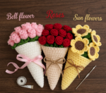 Handmade Crochet Flower Cone Bouquet, Roses, Bellflower & Sunflower Set, Kawaii Floral Gift - Image 2