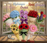 Handmade Crochet Flower Cone Bouquet, Roses, Bellflower & Sunflower Set, Kawaii Floral Gift