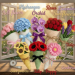 Handmade Crochet Flower Cone Bouquet, Roses, Bellflower & Sunflower Set, Kawaii Floral Gift