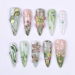 Dragonfly & Pink Blossom Press On Nails, Handmade 3D Nature Nail Set, Long Almond Floral Fake Nails, Spring Garden Press Ons, Reusable Vacation Nails Gift for Her