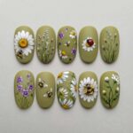 Bee Daisy Press On Nails Set | Olive Green Floral Nail Art | Bumble Bee & Wildflower Garden Press On Nails | Cottagecore Spring Almond Nails - Image 2