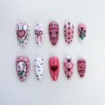 Pink Floral Heart Press On Nails, Romantic Coquette Nail Set, Handmade Reusable Fake Nails, Valentine Heart Nails, Cute Bow Floral Nails - Image 2