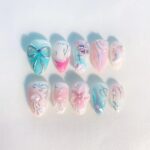 Pastel Ocean Fantasy Press On Nails, Mermaid Coquette Nail Set, Handmade Reusable Fake Nails, Blue Pink Pearl 3D Bow Nails - Image 3