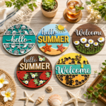 Summer Round Sign SVG Bundle | Laser Cut Welcome Door Hanger | Beach Sign DXF CNC Files | Glowforge Summer Wood Decor