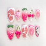 Sweet Summer Fruit Press On Nails, Pink Strawberry Cherry Nail Set, Handmade Reusable Fake Nails, Cute Fruity Kawaii Nails - Image 2
