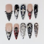 Gothic Cross Press On Nails, Black Silver Chrome Nail Set, Handmade Reusable Stiletto Nails, Punk Spiked Rhinestone Custom Fit Nails - Image 6