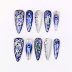 Blue Celestial Press On Nails, Iridescent Chrome Nail Set, Handmade Reusable Galaxy Nails, Silver 3D Gem Custom Fit Nails - Image 2