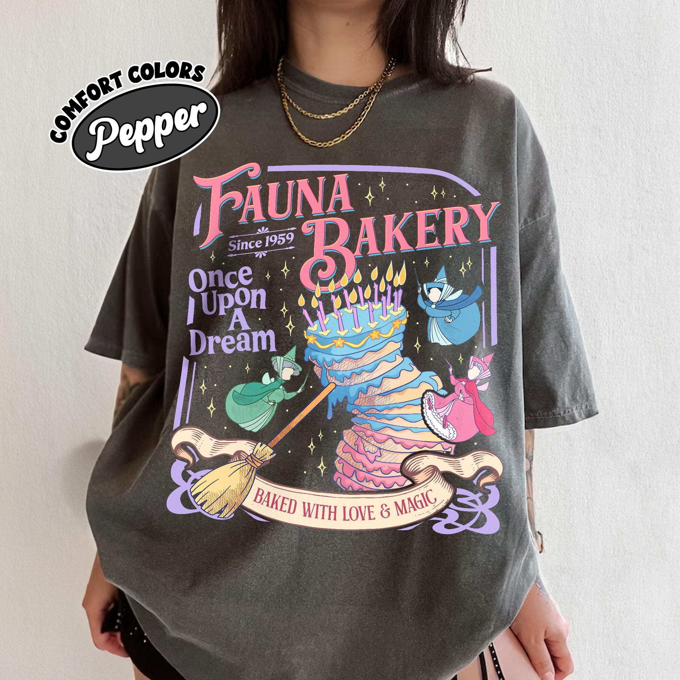1 Fauna Bakery Baked With Love And Magic Shirt Comfort Colors, Sleeping Princess Tshirt, Fairy Godmother Tee, Theme Park Family Shirts - Image 1