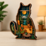 Cat Wooden Layered Decor, Cozy Cat Window Scene, Handmade Cat Lover Gift, Rustic Wooden Cat Art, Laser Cut Cat Shelf Decor, Pet Lover Gift