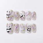 Handpainted Panda Press On Nails, Cute Purple Wisteria Fake Nails, Reusable Kawaii Gel Nail Set, Coffin Almond Nails, Handmade Gift for Her