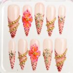 Blush Butterfly Press On Nails, Pink Gold Fake Nails, Handmade Luxury Nail Set, Floral Rhinestone Nails, Reusable Stiletto Nails - Image 2