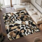 Beige and black leopard print rug, washable and non-slip carpet, modern cheetah print home decor.
