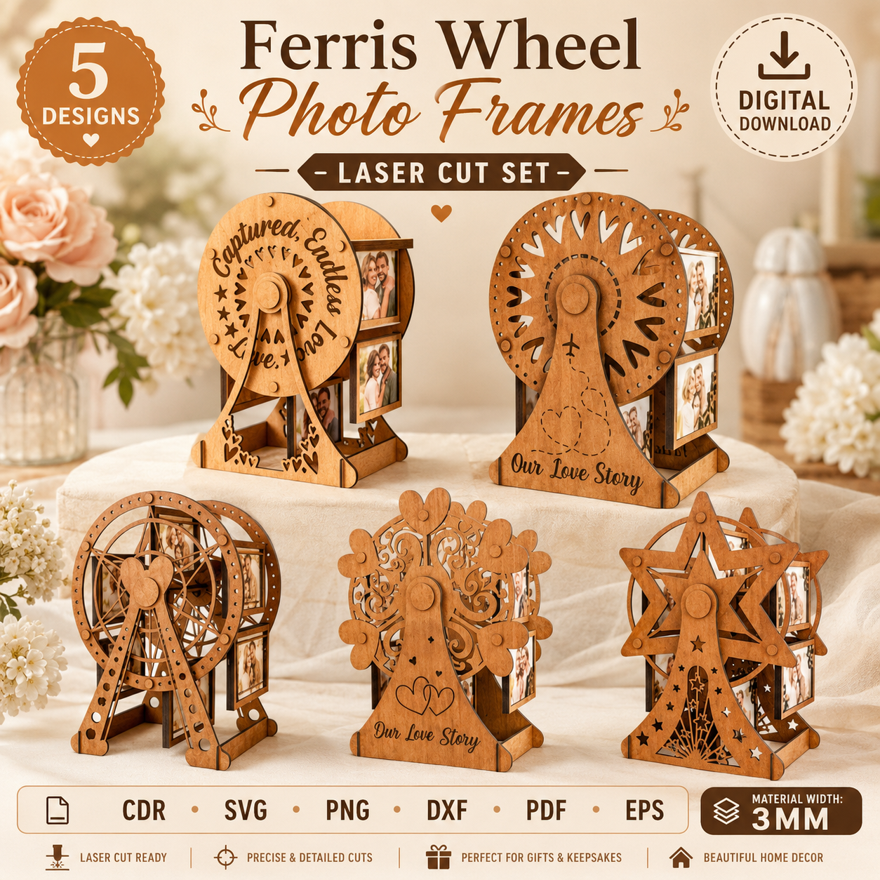 1 Ferris Wheel Photo Frames Laser Cut SVG, 3D Wooden Picture Frame Set, Carnival Wheel Display, DIY Home Decor, Glowforge xTool File - Image 1