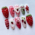Strawberry Sweet Press On Nails, Pink Red Fake Nails, Handmade 3D Strawberry Nail Set, Kawaii Fruit Nail Art, Reusable Almond Nails - Image 2