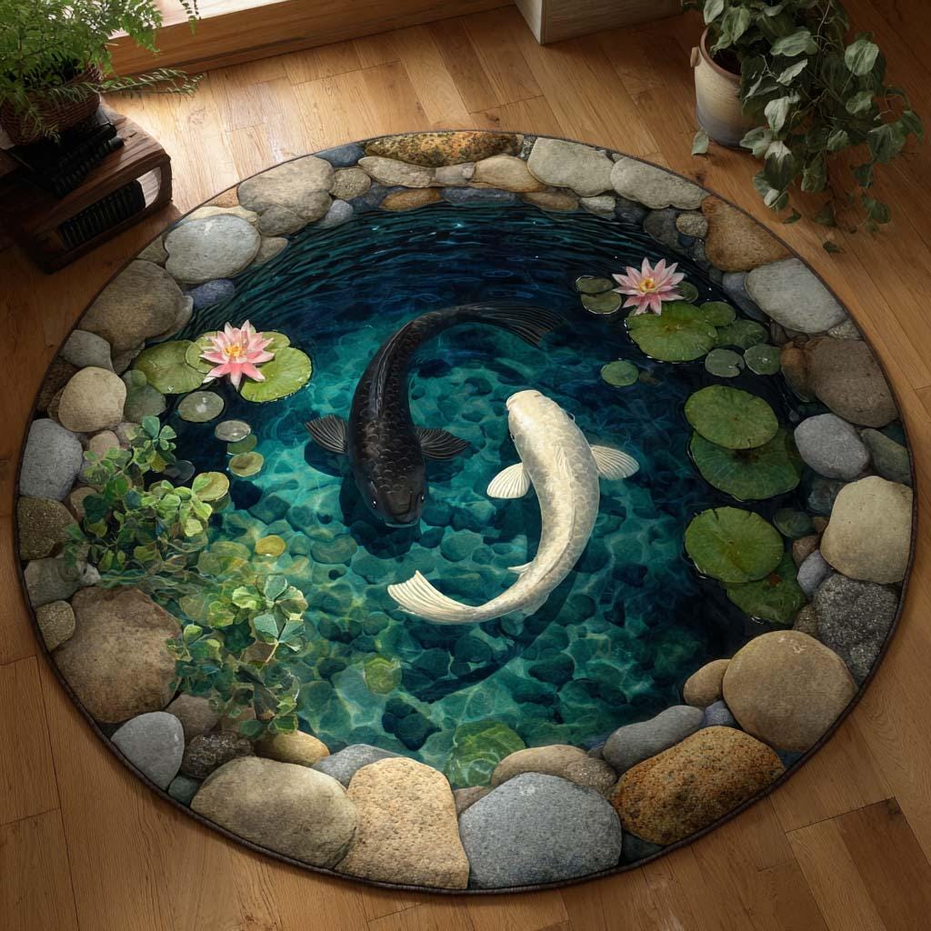 1 3D Koi Pond Round Rug, Zen Garden Optical Illusion Rug, Japanese Koi Fish Round Area Rug, Water Lily Meditation Decor Carpet - Image 1