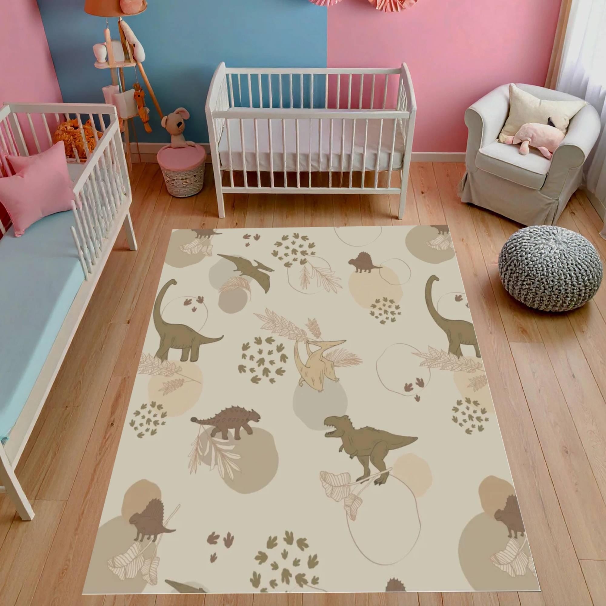 1 A soft, neutral-colored dinosaur area rug. A cute prehistoric animal pattern carpet, perfect for decorating nursery playrooms or toddler bedrooms. - Image 1