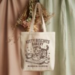 Funny Cat Tote Bags: Kitty Biscuits Bakery Totes, Vintage Style, Retro Bag