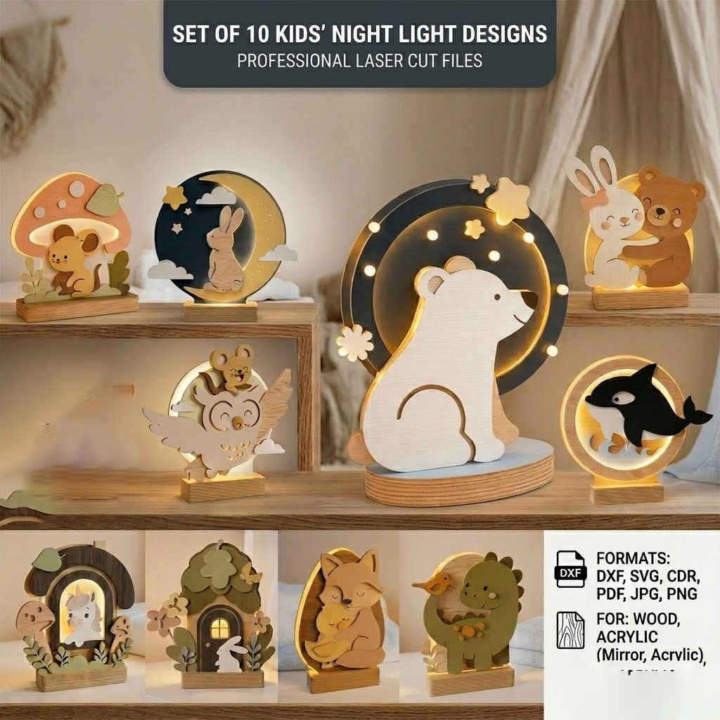 1 Laser Cut Kids Night Light SVG Bundle, 3D Nursery Lamp Files, Glowforge Cricut DIY Baby Room Decor - Image 1