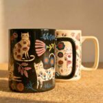 Cat Folk Art Coffee Mug, Cute Floral Cat Mug Gift, Ceramic Cat Lover Mug, Birthday Gift For Cat Moms, Handcrafted White Cat Mug, 400ml