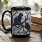 Stained Glass Style Cat Mug, Black Ceramic Coffee Cup with Blue Cats in Tree, Unique Gift for Cat Lovers, Cozy Home Decor Art