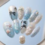 Coastal Pearl Press On Nails, Blue White Beach Fake Nails, Handmade Seashell Nail Set, Ocean Palm Tree Nail Art, Glossy Almond Nails - Image 2