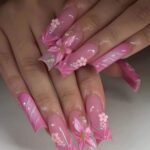 Pink Blossom Butterfly Press-On Nails, 3D Floral French Tip Fake Nails, Elegant Coquette Nail Set, Reusable Handmade Nails - Image 2