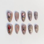 Moonstone Chrome Press On Nails, Nude Silver Fake Nails, Handmade Metallic Nail Set, Celestial Star Nail Art, Glossy Reusable Almond Nails - Image 5