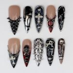 Gothic Cross Press On Nails, Black Silver Chrome Nail Set, Handmade Reusable Stiletto Nails, Punk Spiked Rhinestone Custom Fit Nails - Image 7