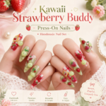 Kawaii Strawberry Buddy Press On Nails, Green Red Fake Nails, Handmade 3D Strawberry Nail Set, Cute Character Nail Art, Reusable Stiletto Nails