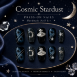 Cosmic Stardust Press On Nails, Navy Black Fake Nails, Handmade Celestial Nail Set, Moon Star Planet Nail Art, Glossy Short Nails